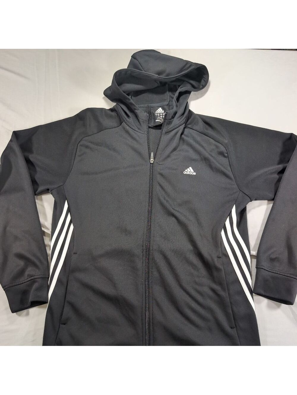 Adidas Men's Black Full Zip Hoodie with White Stripes Size Large